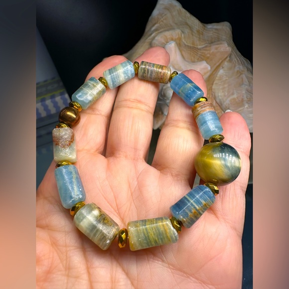 LEMURIAN AQUATINE BARRELS + YELLOW TIGERS NATURAL STONES BRACELET size 7” - Picture 6 of 10